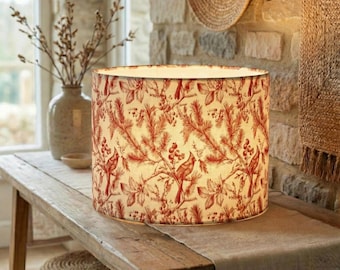 Cottagecore Red Toile Lamp Shade with Cardinals – Nature Inspired Drum Shade, Vintage Botanical Lighting, 2 Sizes linen  tablelamp shade