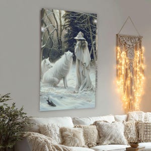 White winter witch direwolf art print fantasy snow queen enchantress with wild white wolf mystical dream poster ice queen wolf mistress