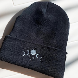 Embroidered cuffed beanie with moon phases witchy gift celestial knit hat full moon accessory winter toque for mystics spiritual enthusiasts