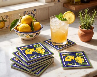 Lemon pop art Square Ceramic Coasters | Blue Mediterranean Tile Border, Bright Kitchen Decor, Set of 6, Christmas Hostess Gift