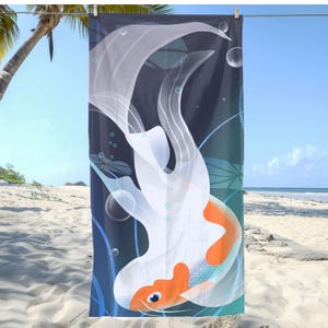 May include: A white and orange fish with a blue and green background. The fish is swimming upwards with its tail in the air. The background is a dark blue with white and green swirls.