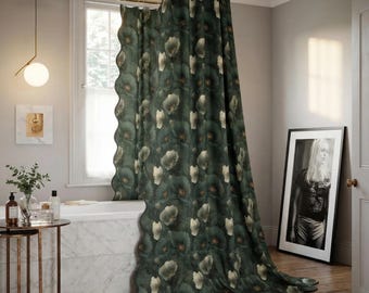 Luxury Green Shower Curtain with Piping, Designer Bathroom Curtain, Standard or Long Length, Elegant Printed Bath Décor, scallop edge