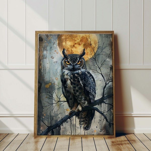 Owl moon wall art cottage core dark academia artwork for cottage woodland art dark gothic wall hanging woodland watercolor nature print