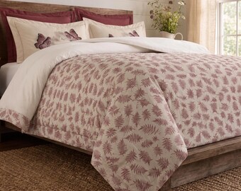 Romantic Red Fern Comforter or Duvet Set OEKO-TEX Cotton Microfiber Butterfly Print Sham Cottagecore Woodland Twin Queen King