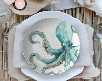 Plato de pulpo – Vajilla náutica costera, plato irrompible inspirado en el océano, bandeja a juego – Cocina rústica con acuarela Sea Life