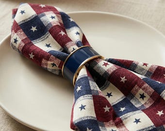 Americana Napkins Set of 4  Red White Blue Star Plaid Cloth Napkins, Patriotic 4th of July Table Decor, Reusable Dinner Napkins