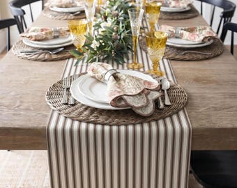 Brown Striped Table Runner, Cottage Farmhouse Dining Decor, Neutral Cotton Poly Runner, Rustic Elegant Tablescape Accent