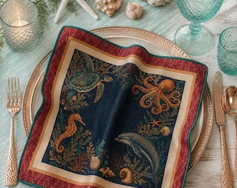 Coastal Cotton Napkins ,Sea Life Napkins Set of 4, Turtle Octopus, Navy Burgundy Table Linens, Luxury Beach House Dining Decor