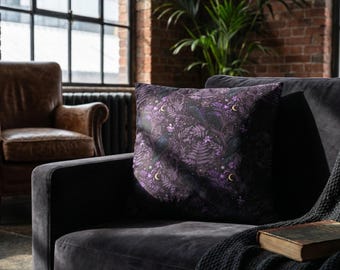 Dark Botanical Raven Moon pillowcase | Square Poly Canvas Pillowcase | Whimsigoth Purple cushion cover