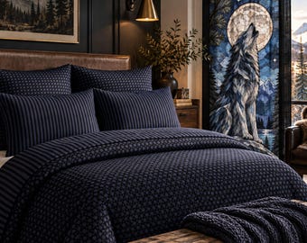 Navy Black Geometric Duvet or Comforter Set, Reversible lattice and Stripe MicroLuxe Bedding, Modern Masculine Bedroom, Twin Queen King