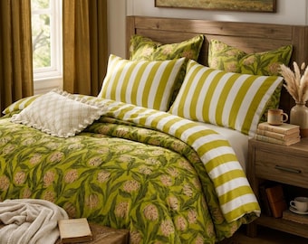 Wicked Tulip Duvet or Comforter Set, Chartreuse Botanical Bedding, Reversible MicroLuxe, Twin Queen King, Optional Ruffle Accent Pillow