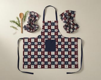 Americana Plaid Apron Set, Patriotic Kitchen Set with Pocket Apron & Tea Towels, USA 4th of July Cooking Gift