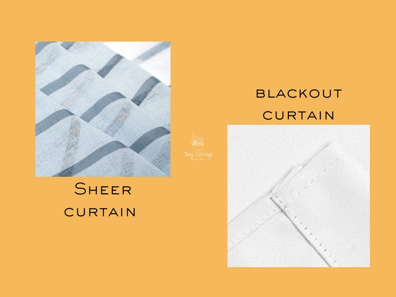 May include: A light blue sheer curtain with horizontal stripes and a solid white blackout curtain. The image includes the text "SHEER CURTAIN" below the blue fabric and "BLACKOUT CURTAIN" above the white fabric, with a small logo in the center.