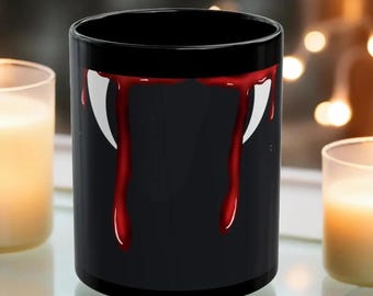 Vampire Halloween mug Black bloody Fangs aesthetic  with Dripping Blood  Gothic horror Coffee Cup for scary movie lovers