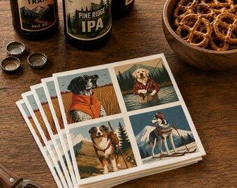 Sporty Dog Napkins for pet Lover gift Outdoor Hunting Fishing Skiing Hiking Cocktail Luncheon Illustration Disposable for Father, Husband
