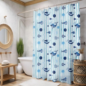 Whimsical Fish Shower Curtain, Kids Bathroom Beach Decor, Coastal Ocean Sea Life Theme, Nautical Washroom Decoration, poolhouse party