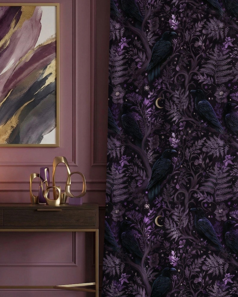 Plum and gold living room with dark woods and a deep purple raven blackout curtain, crisp details of ravens and foliage shown in soft highlights