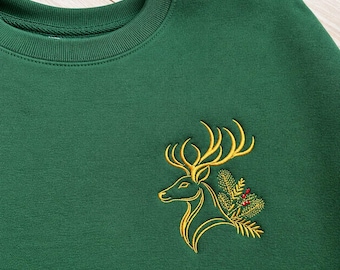 Embroidered Gold Stag Holiday Sweatshirt, Holly and Berries Christmas Crewneck, Red Heather Gray Pine Green Black, Unisex Sweatshirt