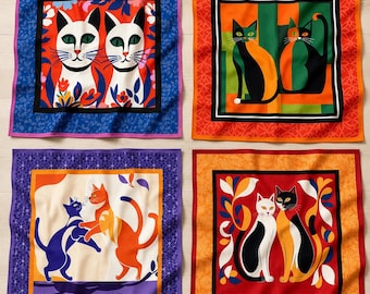 Colorful Cat Napkins Set of 4, Bold Folk Art Cat Print Cloth Napkins, Gift Set for Cat Lovers, Cotton Blend Table Linens, 20 Inch Square