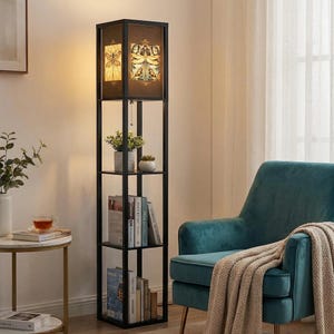 Dragonfly Bookshelf Floor Lamp – Stained Glass Tile-Inspired Shade with Unique Designs on Each Side – Statement Home Décor Lighting