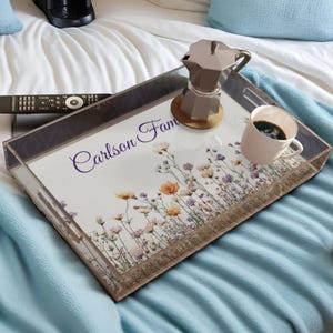 Personalized Floral Acrylic Serving Tray, Elegant Kitchen gift, Housewarming Gift for her, Custom breakfast in bed tray, Unique Wedding Gift
