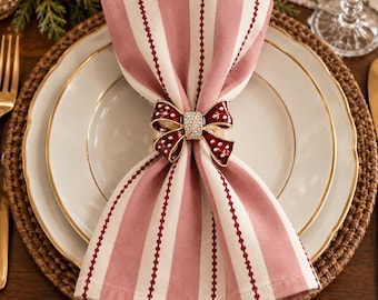 Pink Striped Cloth Napkins Set of 4, Christmas Table Linens, Bow decor, Cotton Poly Blend, 20 Inch Napkins, Hostess, Wedding Gift
