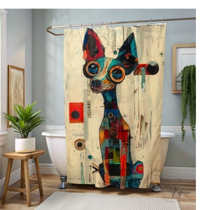 Quirky Dog Shower Curtain – Funny Dog Bathroom Art, Unique Dog Lover Gift, Modern Pet Decor for Bathroom, Playful Dog Bath Curtain