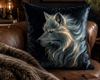 Wolf Velvet Throw Pillow Moody Dark Luxury Cabin Decor Gift for Him | Fantasy Lover Accessory