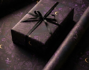 Purple Raven Gift Wrap Paper, Whimsigoth Wrapping Paper, Witchy Dark Floral Moon Gift Wrap, Gothic Elegant Packaging, Moody paper