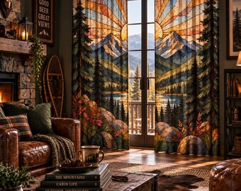 Mountain Lake Sunset Curtain Panels, Stained Glass Style, Semi Sheer Nature Decor, Cabin Lodge Man Cave Game Room Curtains, Statement drapes