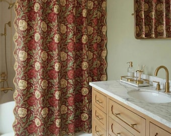 Red William Morris Style Red Floral Shower Curtain Matching Bath Mat Extra long option elegant bathroom decor statement custom color piping