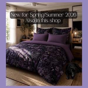 May include: A bedding set featuring a dark purple and black botanical print with crescent moons and birds. The set includes a patterned duvet cover, two matching pillow shams, and two solid purple rectangular pillows. Text reads: New for Spring/Summer 2026 Also in this shop.