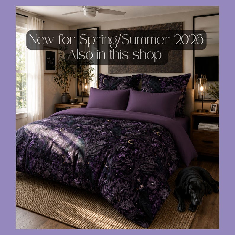 May include: A bedding set featuring a dark purple and black botanical print with crescent moons and birds. The set includes a patterned duvet cover, two matching pillow shams, and two solid purple rectangular pillows. Text reads: New for Spring/Summer 2026 Also in this shop.