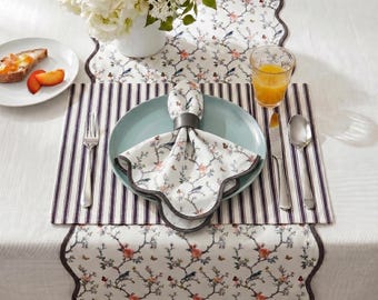 Bird Floral Table Decor Collection, Scalloped Table Runner, Striped Placemats Set of 4, Cloth Napkins Set, Cottage Spring Table Linens