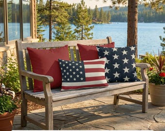 American Flag Outdoor Pillow Set – Patriotic Porch Décor, Veteran Gift, 4th of July Pillows, Rustic Americana Cushions for Outdoor Seating