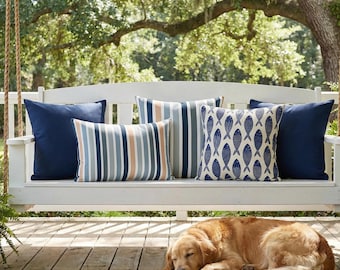 Navy Outdoor Pillow Set Mix and Match, Coastal Fish Stripe Solid Pillows, Luxury Patio Cushion Set, UV Resistant Water Resistant