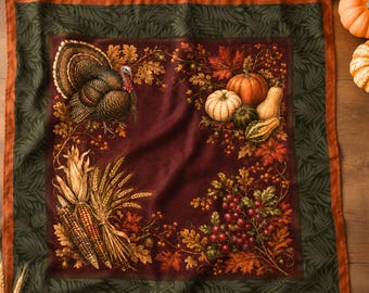 Thanksgiving Napkins Set of 4, Turkey Harvest Cotton Napkins Burgundy Olive, Autumn Table Linens Pumpkin Wheat Cranberry Fall Decor