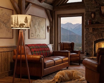 Rustic Cabin Tripod Floor Lamp with Bear Silhouette Shade – Woodland Lodge Living Room Lighting
