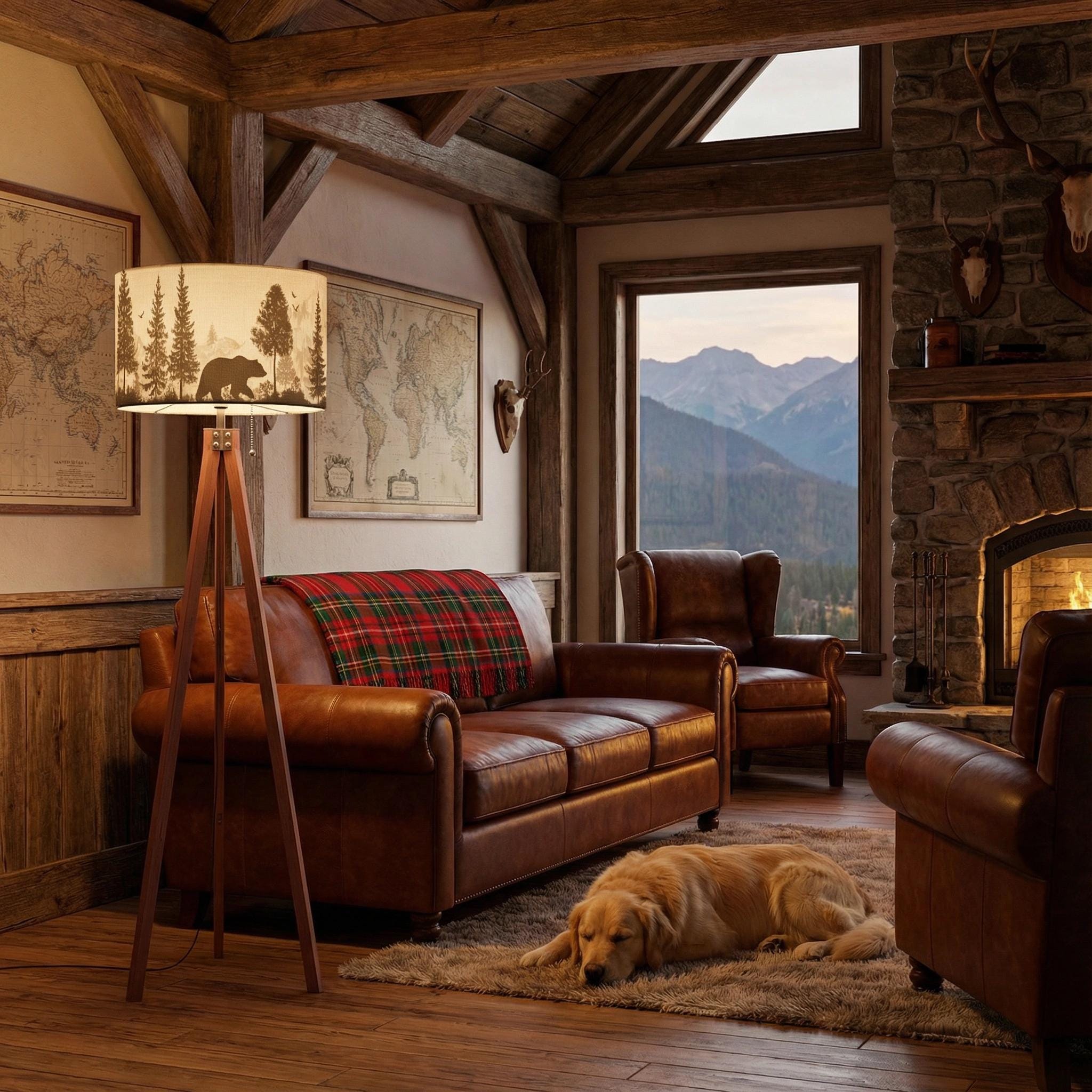 Rustic Cabin Tripod Floor Lamp With Bear Silhouette Shade