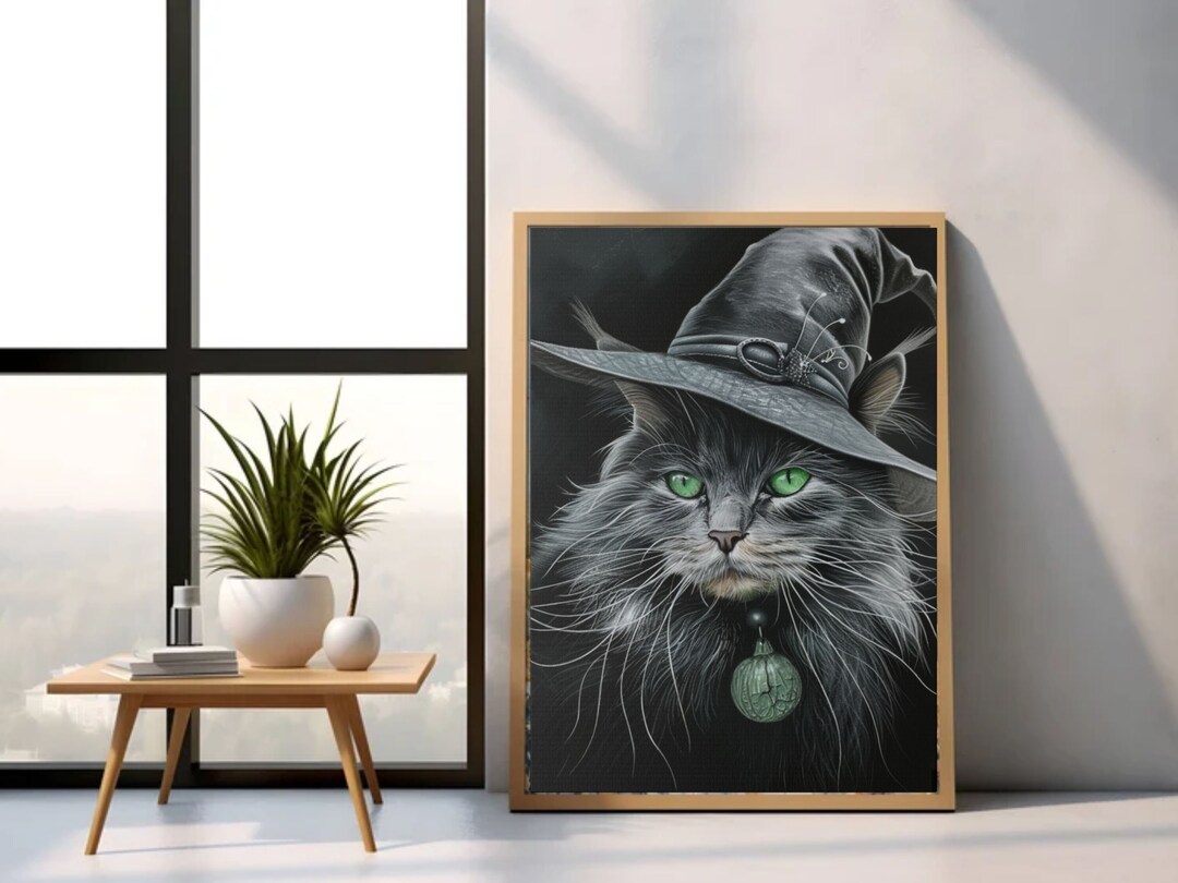 Halloween Black Cat in Wizard Hat Canvas Wall Art Cute Cat Print Witch ...