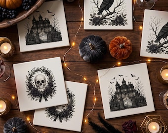 Gothic Ceramic Coaster Set, Raven Skull Haunted House Coasters with Holder, Dark Academia Halloween Decor, Set of 6, Gift for Goth Lovers