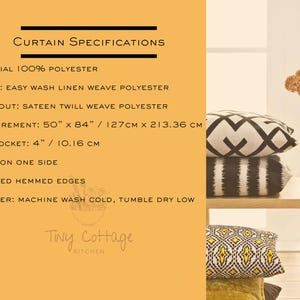 May include: Curtain specifications list 100% polyester material, 50" x 84" measurements, and a 4" rod pocket. The text details sheer linen weave, blackout sateen twill weave, single-sided print, hemmed edges, and machine wash cold, tumble dry low instructions.