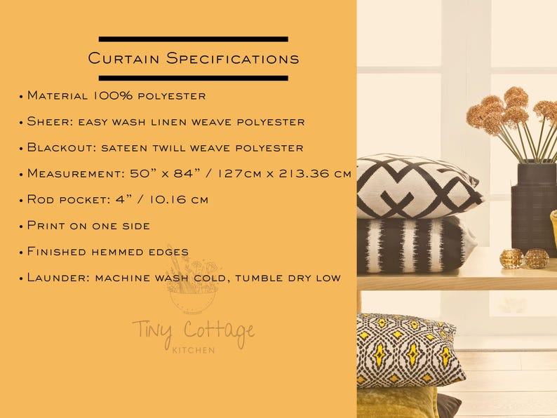 May include: Curtain specifications list 100% polyester material, 50" x 84" measurements, and a 4" rod pocket. The text details sheer linen weave, blackout sateen twill weave, single-sided print, hemmed edges, and machine wash cold, tumble dry low instructions.