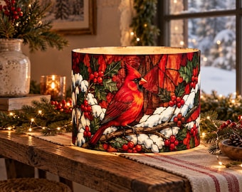Red Cardinal Stained Glass Style Lampshade, Winter Holiday Decor, Snowy Berry Branch Lamp Shade, Festive Seasonal Decor, Foldable Storage