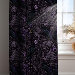 Close-up of whimsigoth raven blackout curtain fabric in soft folds with strong directional light revealing intricate purple and black pattern