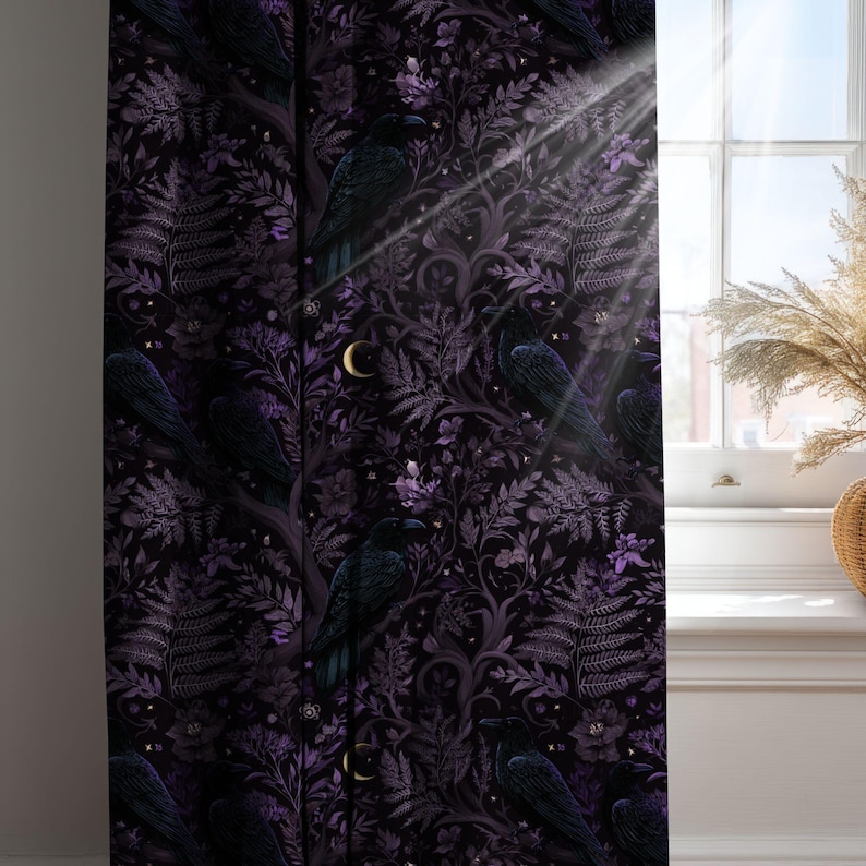 Close-up of whimsigoth raven blackout curtain fabric in soft folds with strong directional light revealing intricate purple and black pattern
