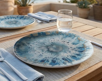 Blue Marbled Indoor Outdoor Plates, Lightweight Ceramic Look Dinnerware, Durable Everyday Plates, Coastal Tableware for Patio Kitchen Dining