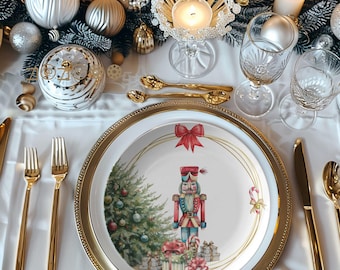 Platos navideños Cascanueces y bandeja a juego / Vajilla de polímero navideña con árbol, regalos y decoración festiva para la mesa en casa.