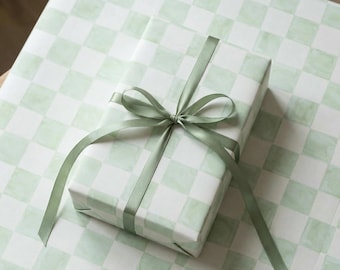 Green Check Gift Wrap Paper with tags, Modern Wrapping Paper, Gingham Style, Elegant Minimal Gift Wrap, Birthday Shower Holiday Packaging