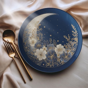 Plato de polímero lunar místico floral azul marino y dorado / Plato decorativo celestial / Ligero, duradero, apto para microondas y lavavajillas